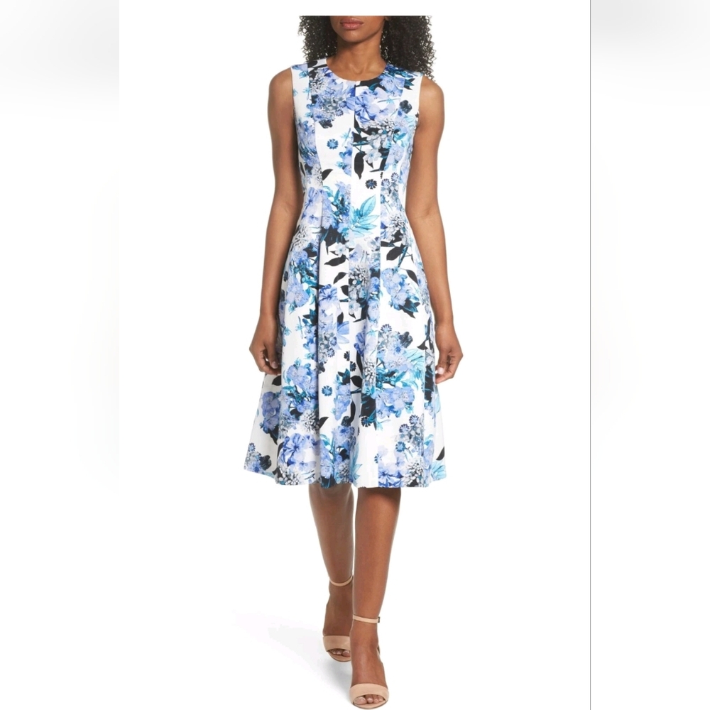 Eliza J Blue and White Floral Fit & Flare Midi Dress Size 12
